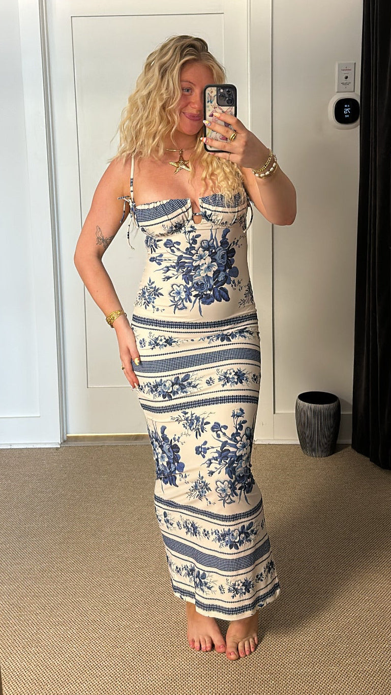 Petal Long Slip Dress Blue Toile Stripe