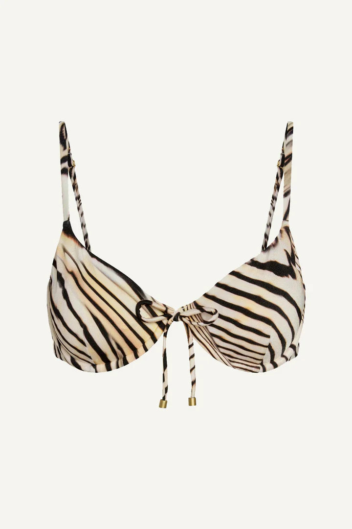 Ada Underwire Top Shell Stripe EcoShimmer in brown — close-up | Belle Mar Swim