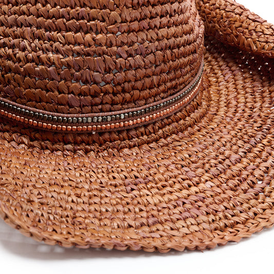Ashley crochet raffia cowboy hat in brown, side view — Nikki Beach