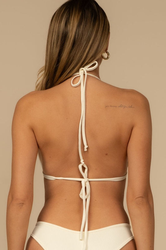 Cream Rib Binded Emma (Zig-Zag Stitch) Bikini Top in white — back view | Belle Mar Swim
