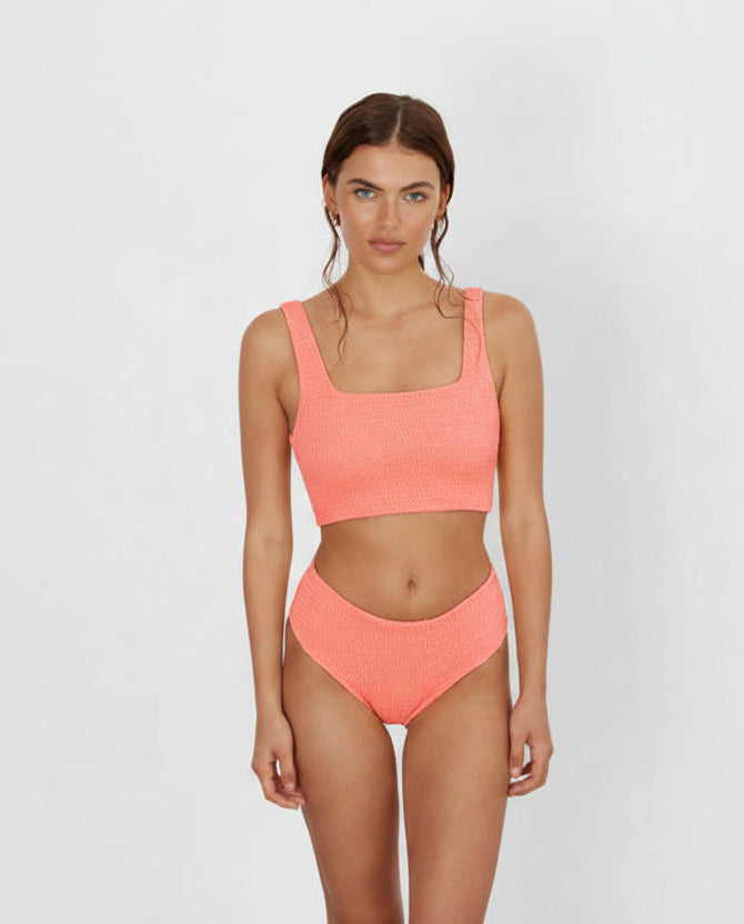 Aila Blue Pixie Top Melona Eco Rib in coral — front view | Belle Mar Swim