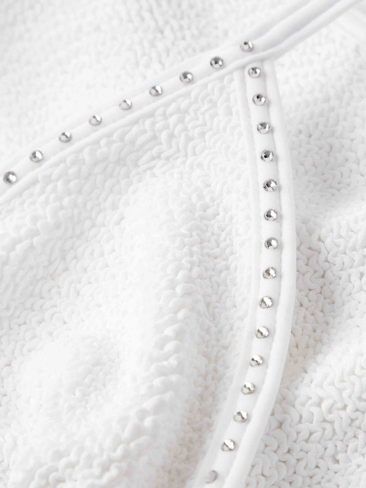 Hunza G White Original Crinkle fabric detail with Swarovski crystals | Belle Mar Swim
