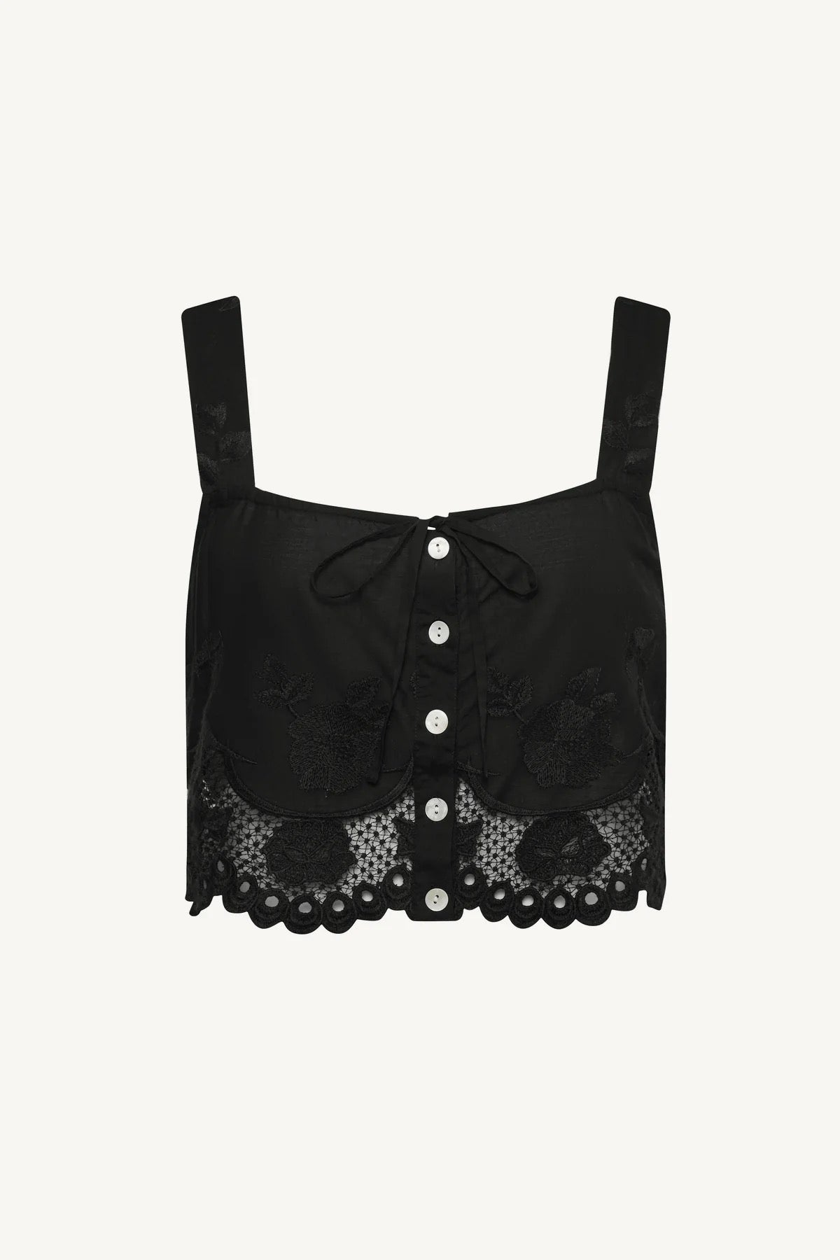 Flora Tank in Black Beachside Broderie