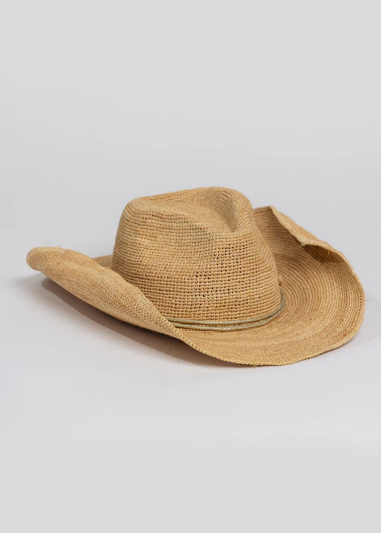 Raffia Crochet Cowboy Hat with Gold Wrap