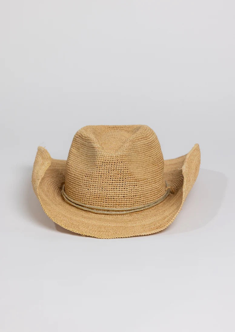 Raffia Crochet Cowboy Hat with Gold Wrap