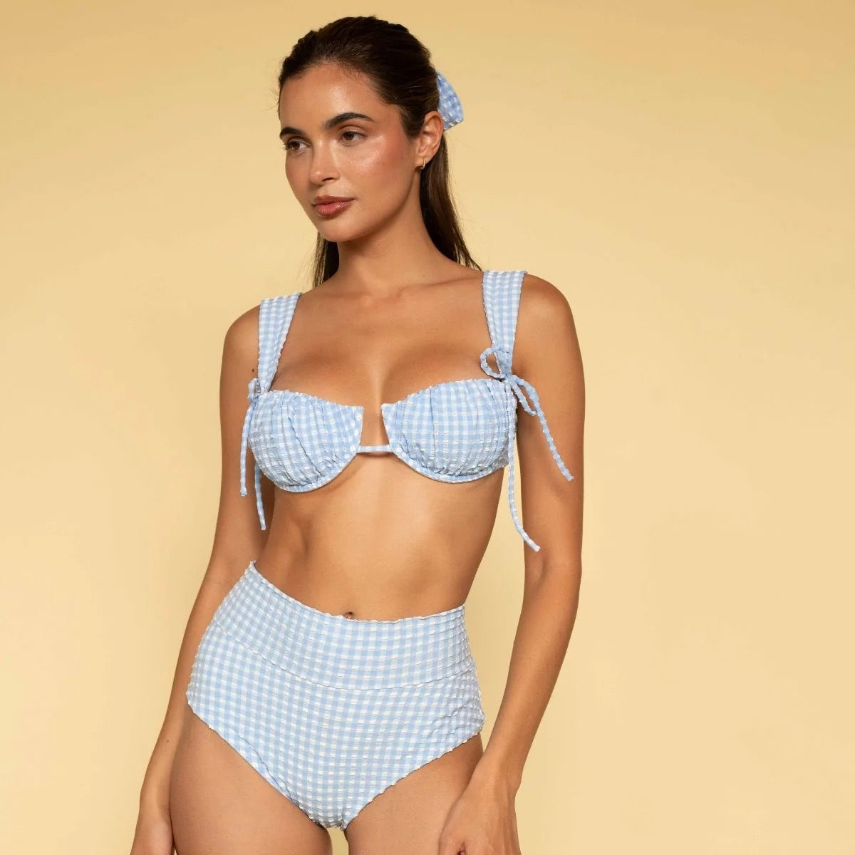 Peri Micro Gingham Added Coverage High Rise Bikini Bottom