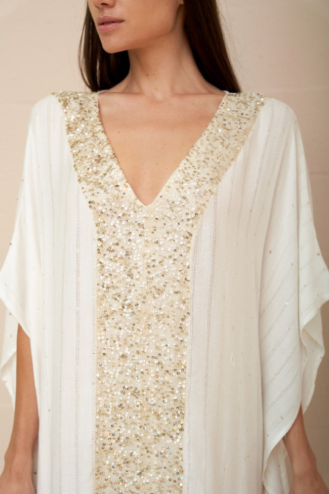 Beaded Sequin Thobe White/Gold
