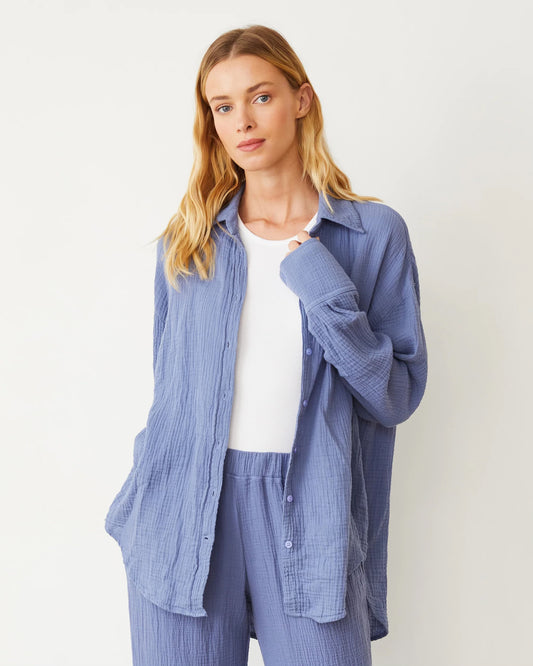 Cotton Gauze Wide Leg Pant in Medium Blue