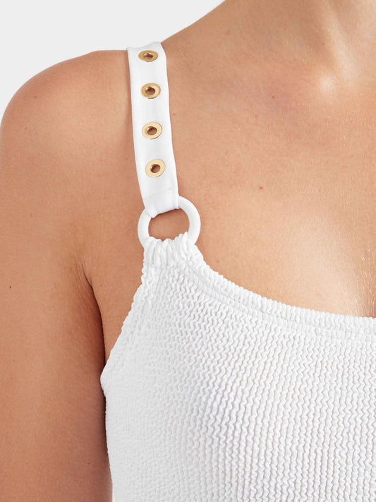 Melody Eyelet One Piece White/Gold — styled view | Belle Mar Swim