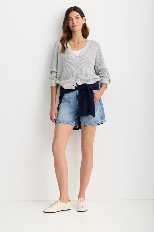 Raleigh Cardigan in Heather Grey, styled on model