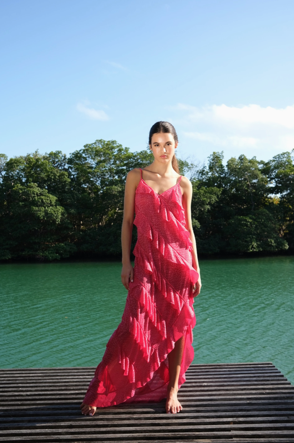Mermaid Asymmetric Ruffle Dress Cheetah Raspberry