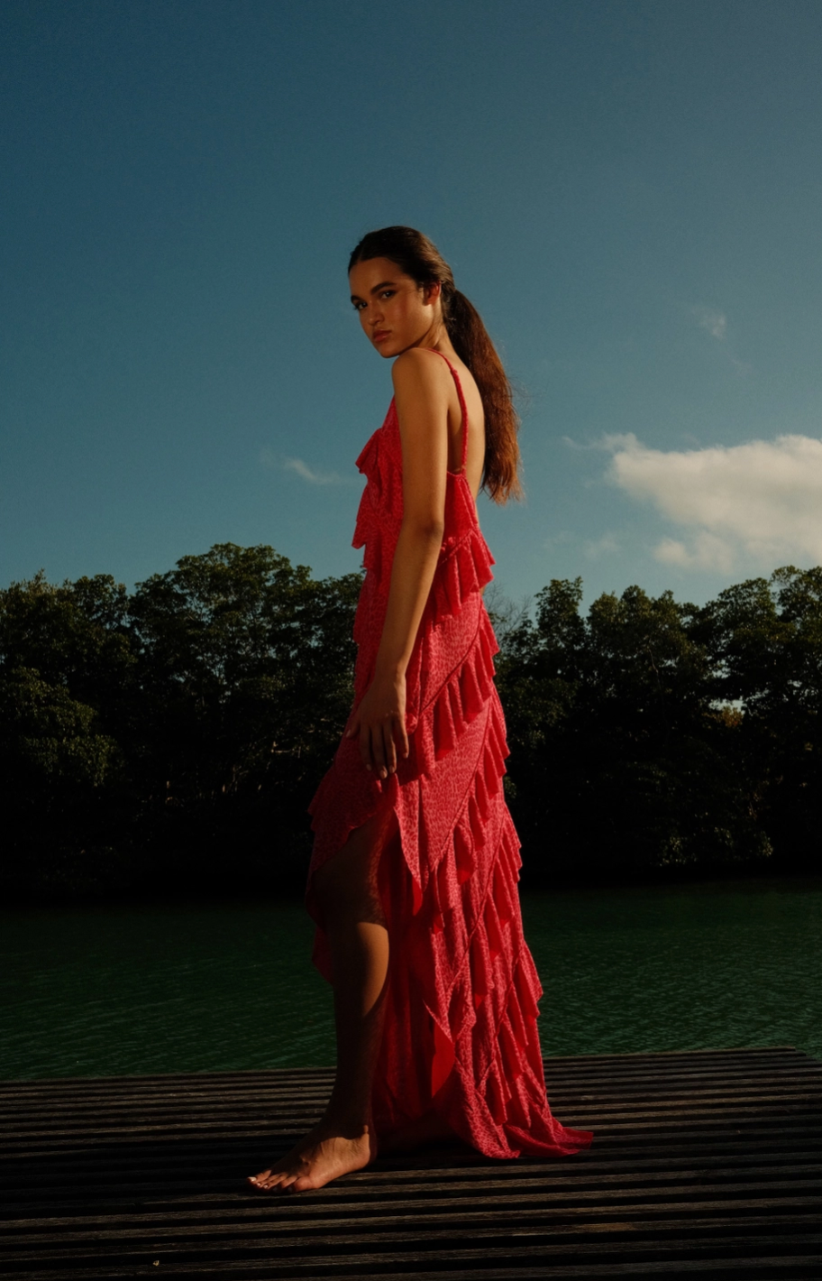 Mermaid Asymmetric Ruffle Dress Cheetah Raspberry
