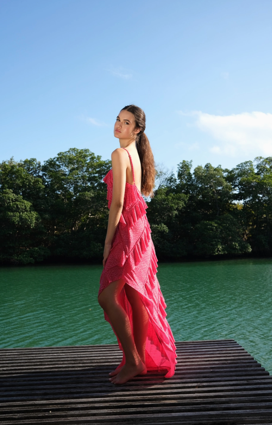Mermaid Asymmetric Ruffle Dress Cheetah Raspberry