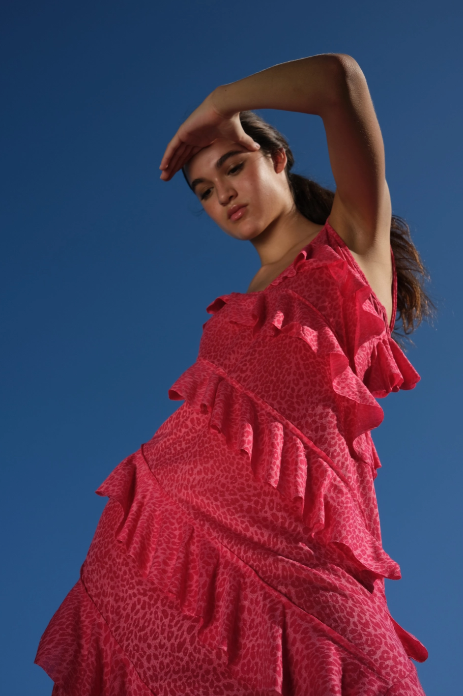 Mermaid Asymmetric Ruffle Dress Cheetah Raspberry