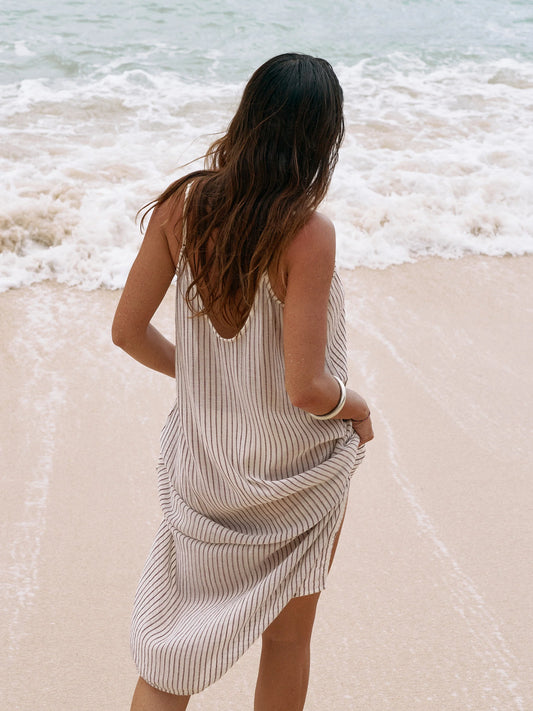 Yaz Dress Khaki Burgundy Stripe