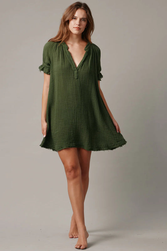 Antibes Puff Sleeve Caftan Lightweight Gauze Moss