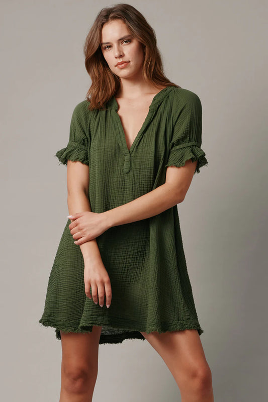 Antibes Puff Sleeve Caftan Lightweight Gauze Moss