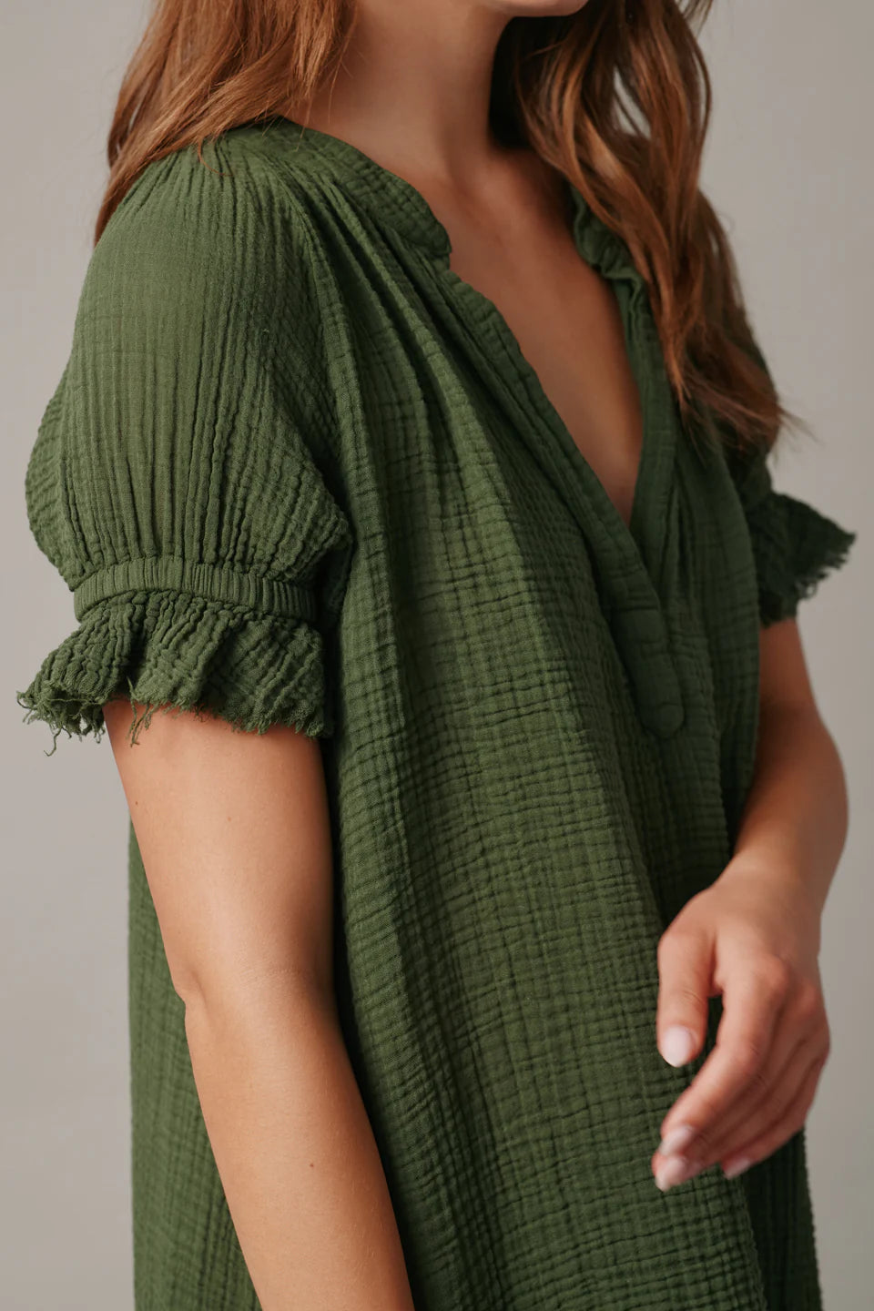 Antibes Puff Sleeve Caftan Lightweight Gauze Moss