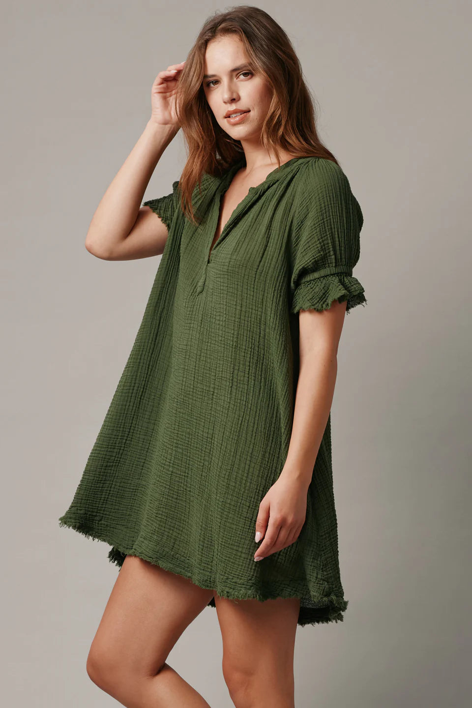 Antibes Puff Sleeve Caftan Lightweight Gauze Moss