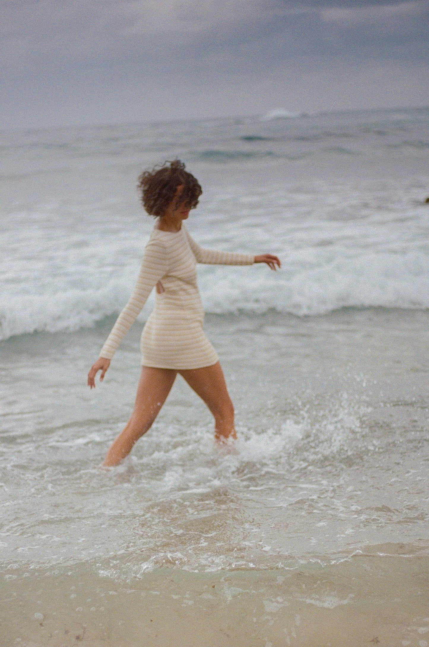 Crochet Lattice Knit Mini Dress Natural Stripe