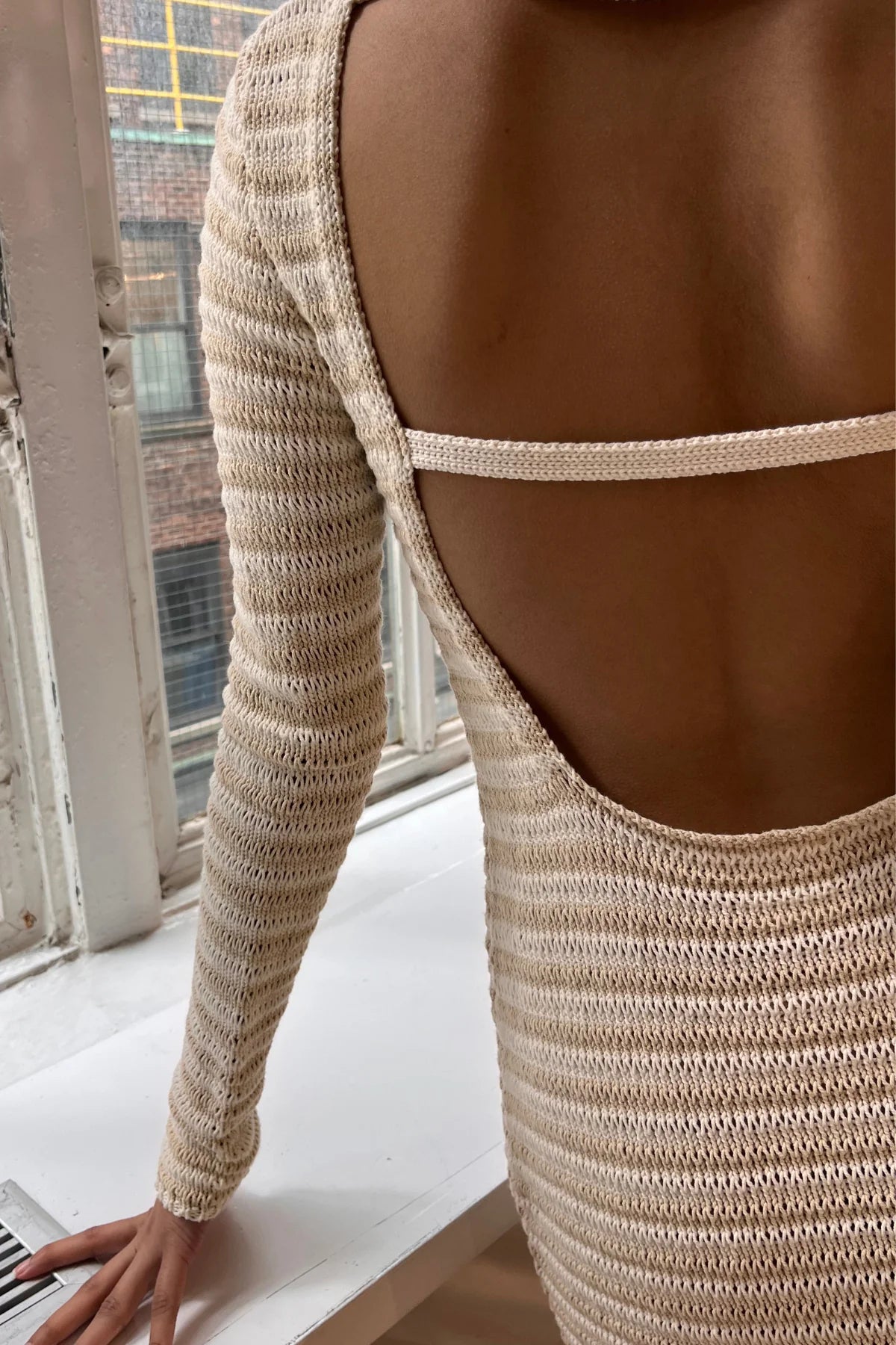 Crochet Lattice Knit Mini Dress Natural Stripe