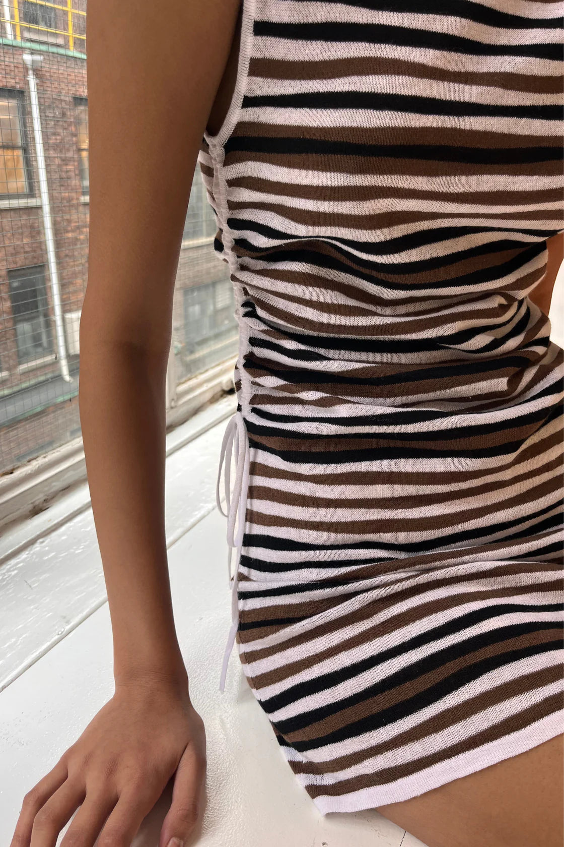 Knit Mini Dress Black Stripe in black — close-up | Belle Mar Swim