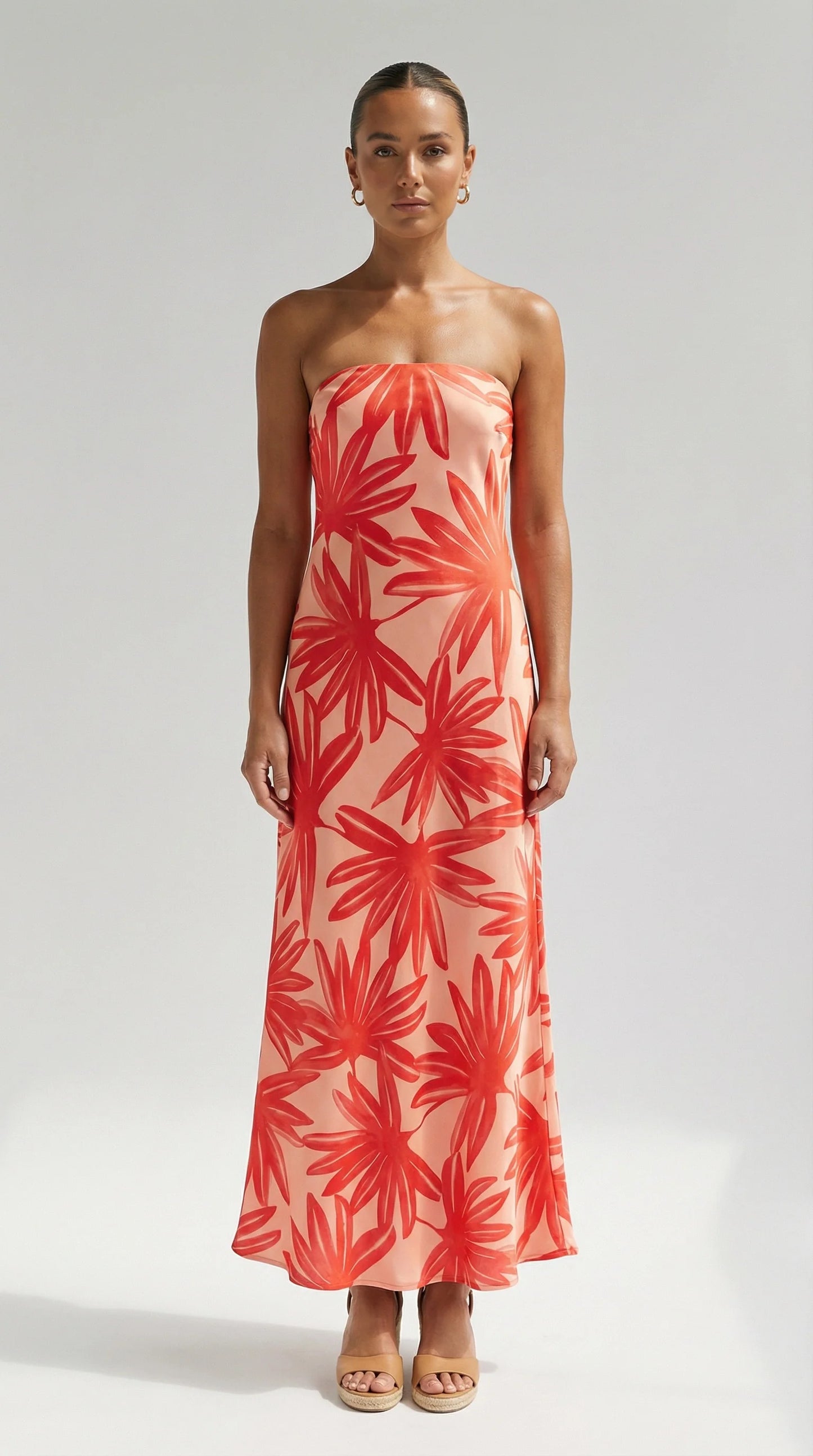 Bias Cut Tube Maxi Pink Palm Print
