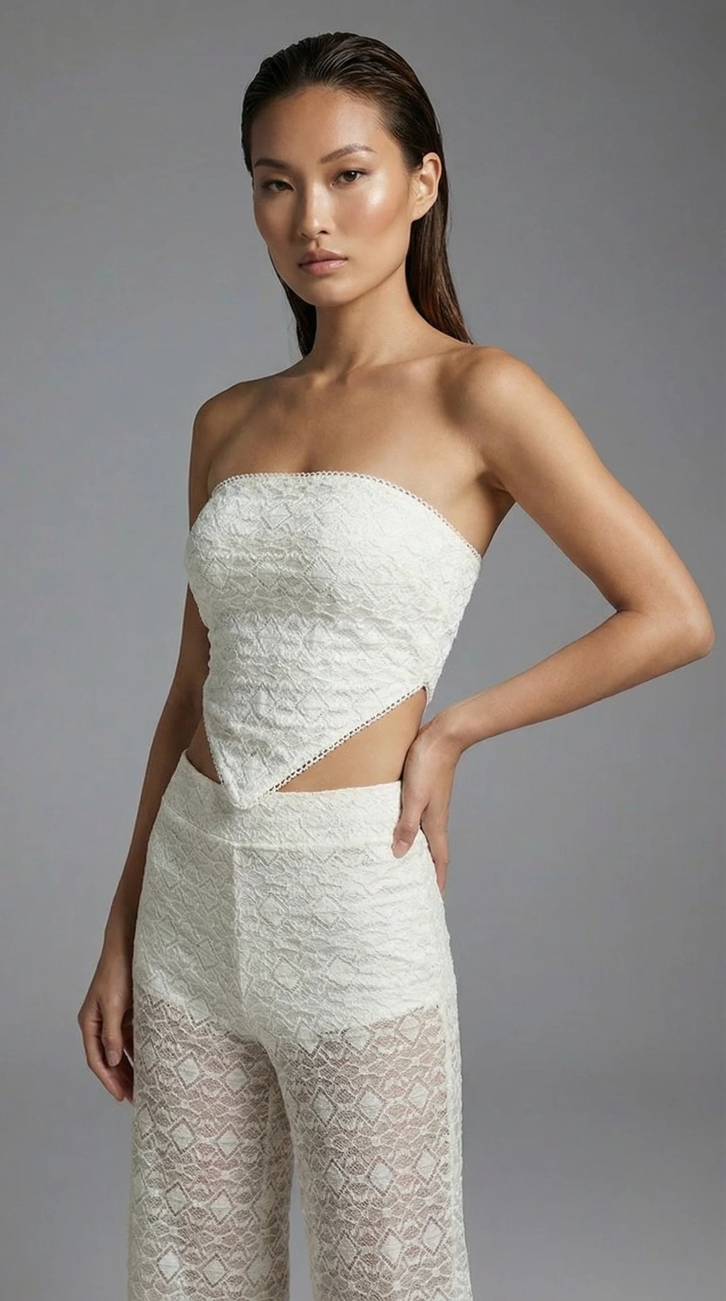 Diamond Crinkle Apron Top Cream