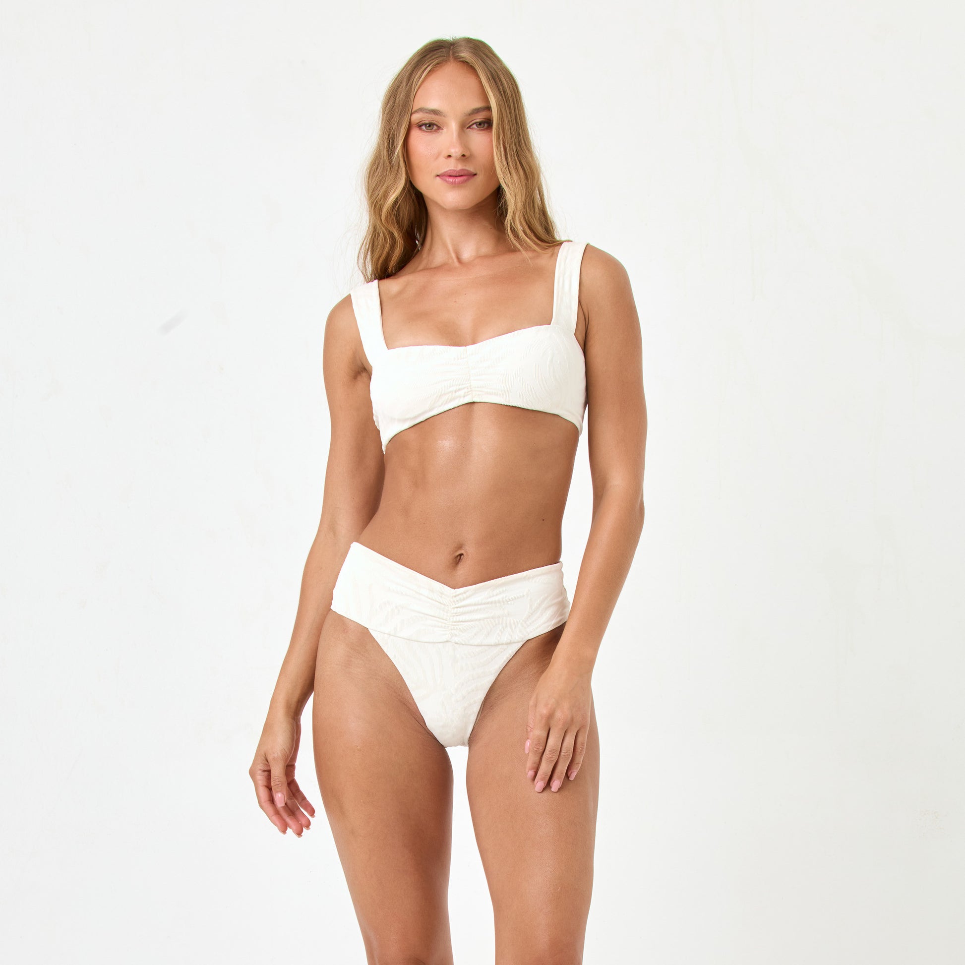 Bardot Bikini Bottom Cream in white — styled view | Belle Mar Swim