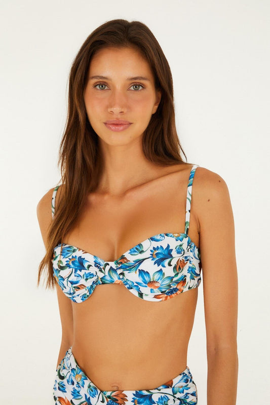 Farm Rio Flora Tile Off-White Underwire Bikini Top, close-up view
