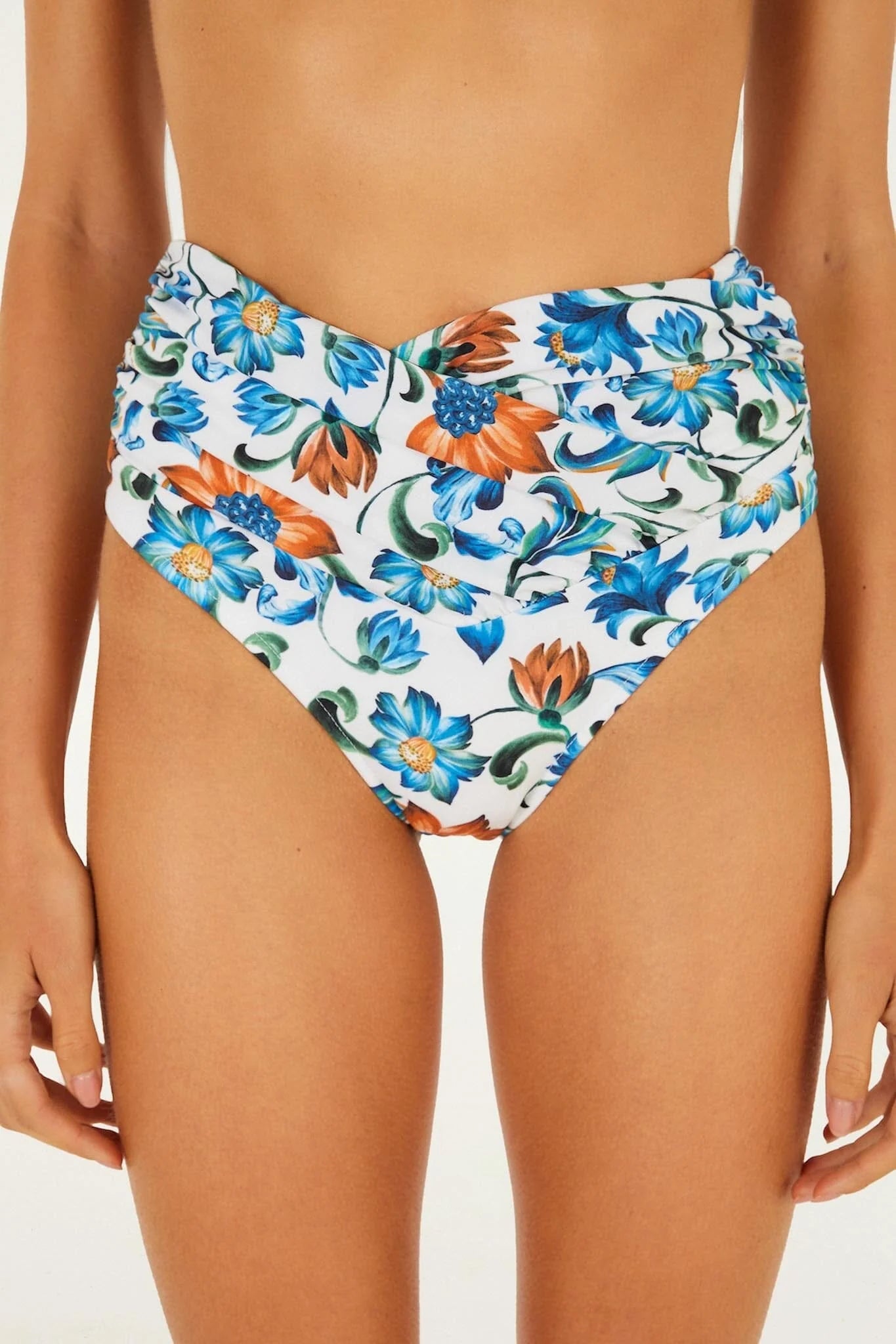 Flora Tile Off-White Hot Pants Bikini Bottom in white — back view | Belle Mar Swim