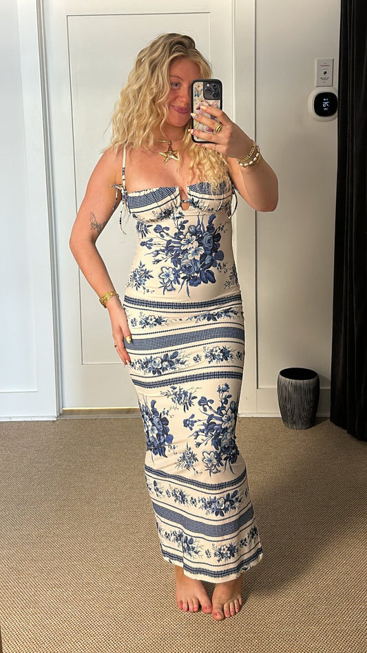 Petal Long Slip Dress Blue Toile Stripe