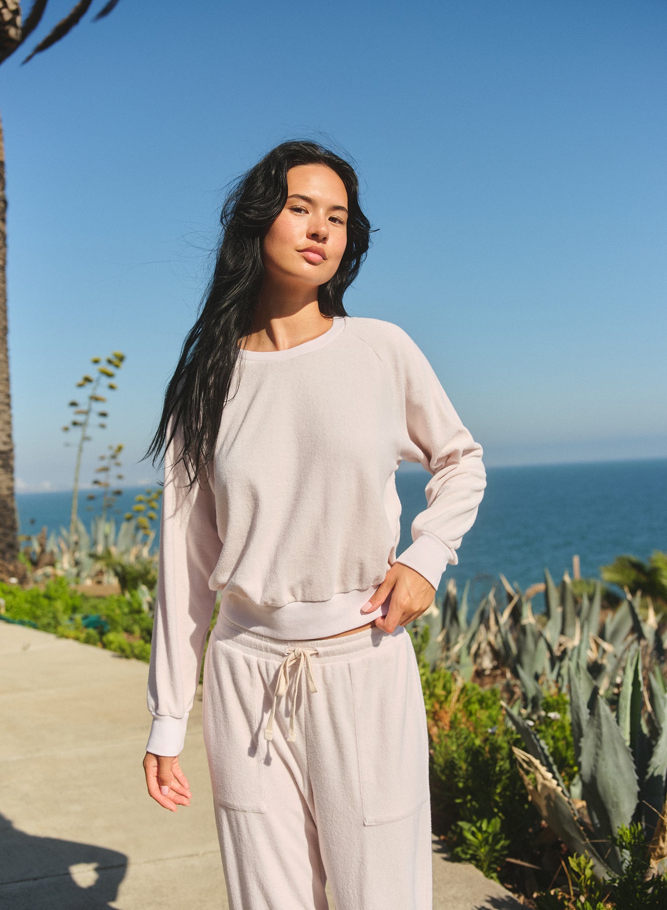 Raglan Sport Crew Sweatshirt Oyster — styled view | Belle Mar Swim