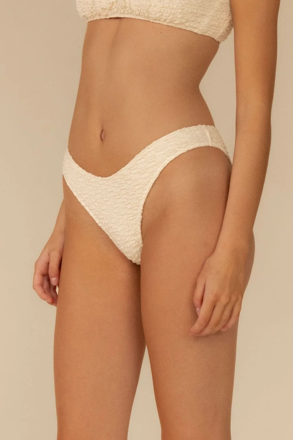 Amalia Texture Lulu (Zig-Zag Stitch) Bikini Bottom in white — styled view | Belle Mar Swim