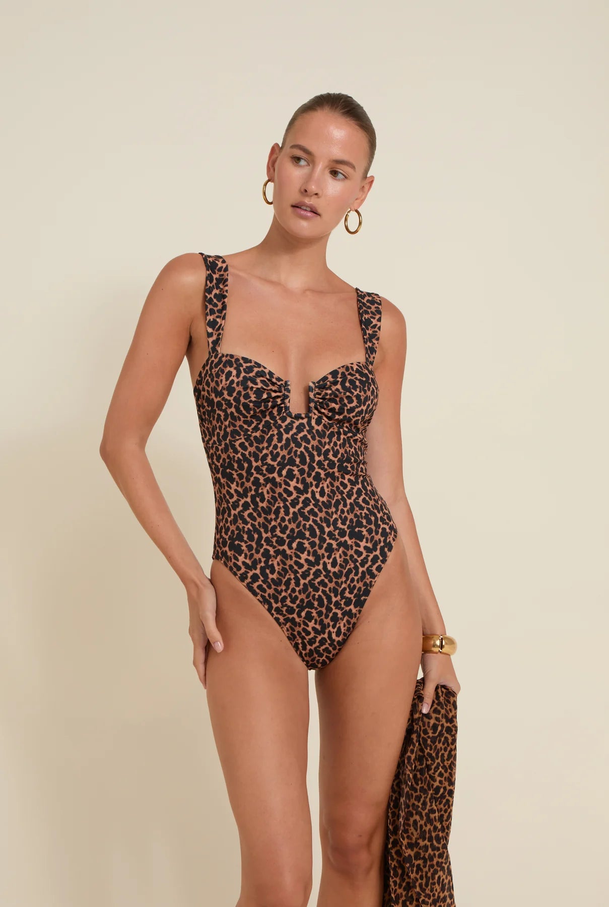 Cannes One Piece Leopard in neutral — close-up | Belle Mar Swim