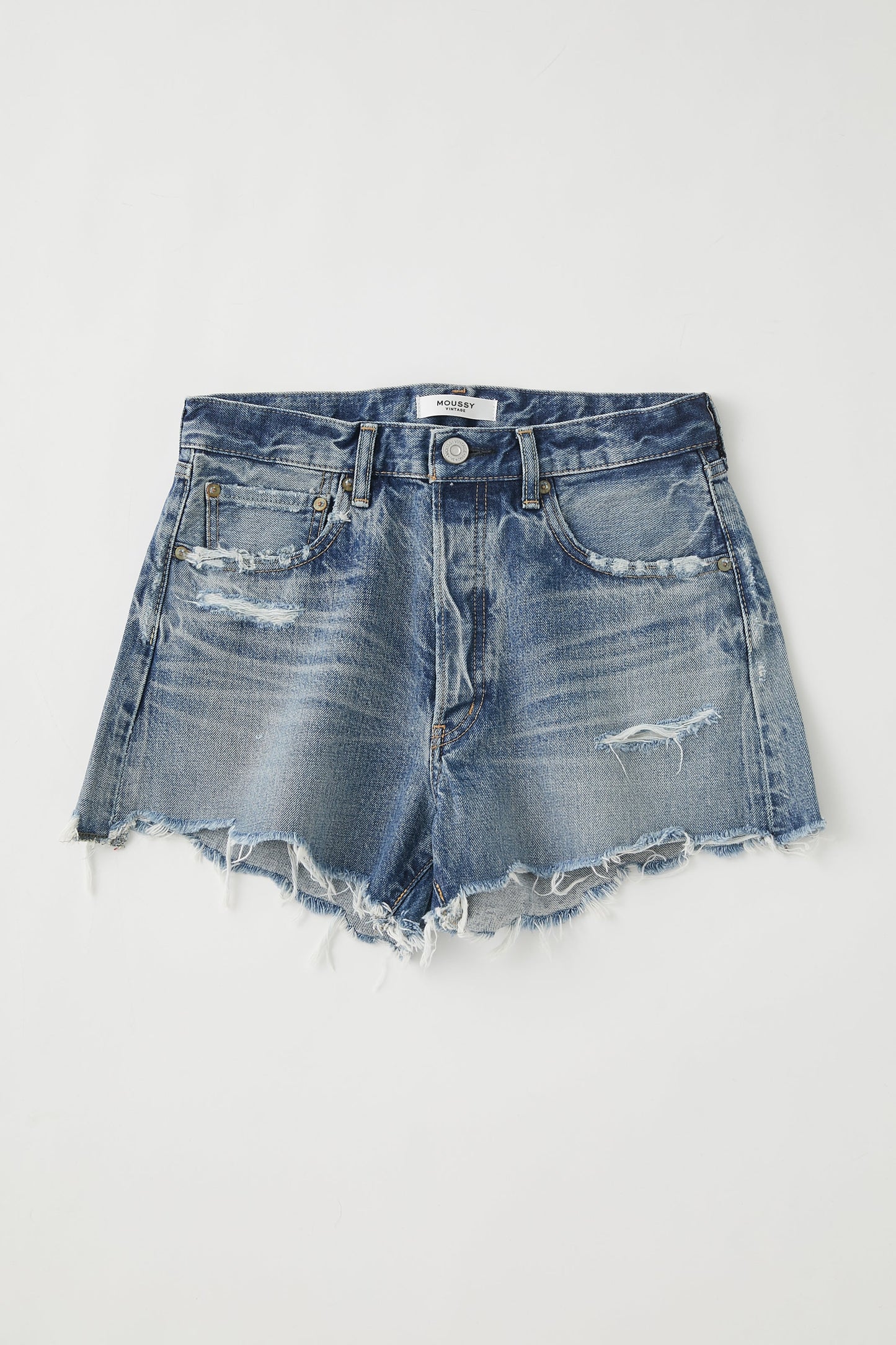 moussy non stretch distressed medium wash cutoff denim shorts 