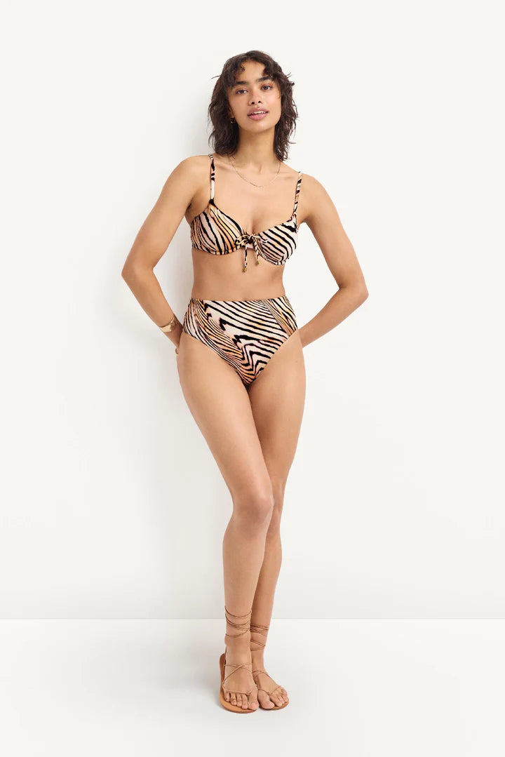 Ada Underwire Top Shell Stripe EcoShimmer in brown — styled view | Belle Mar Swim