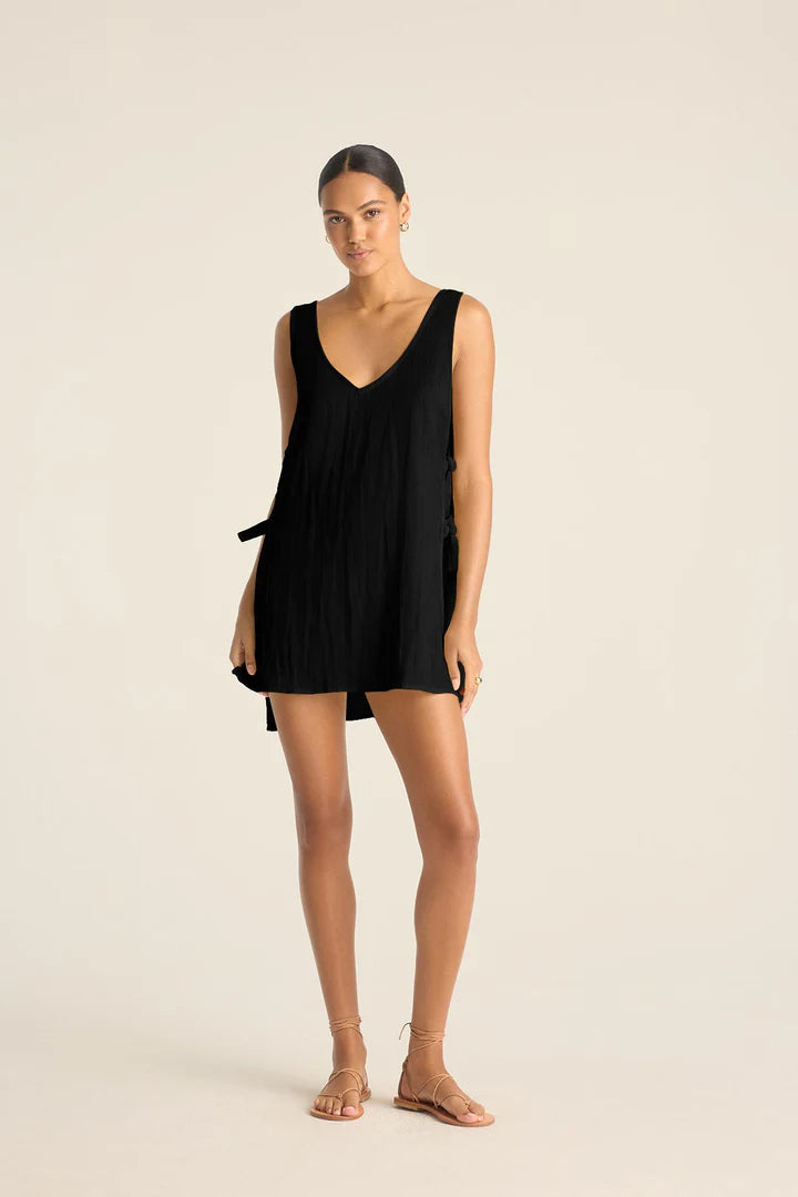 Riviera Mini Dress Black Crinkle Linen