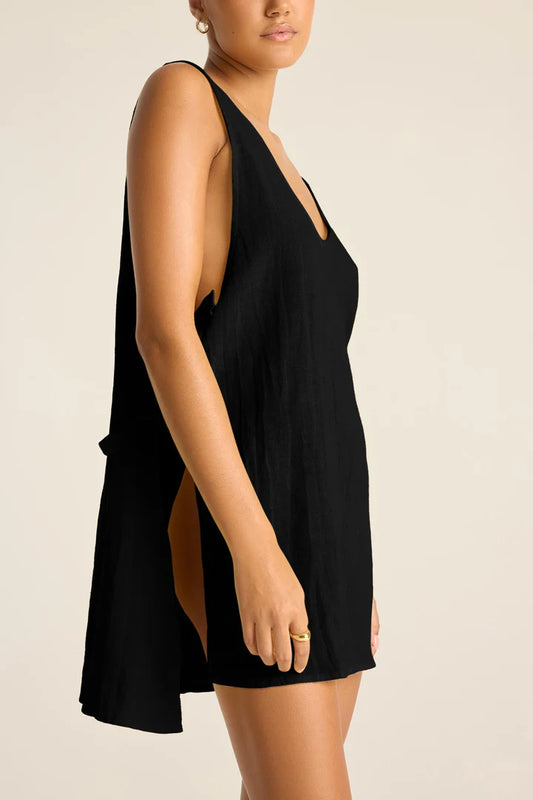 Riviera Mini Dress Black Crinkle Linen