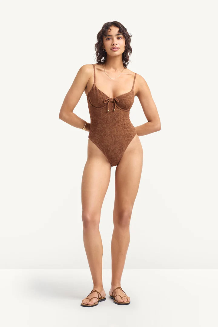 Ada Underwire One Piece Garden Jacquard in brown — styled view | Belle Mar Swim