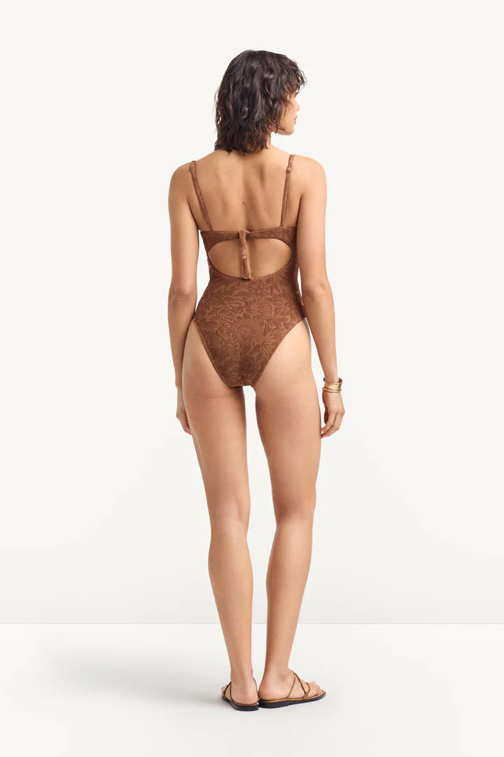 Ada Underwire One Piece Garden Jacquard in brown — back view | Belle Mar Swim