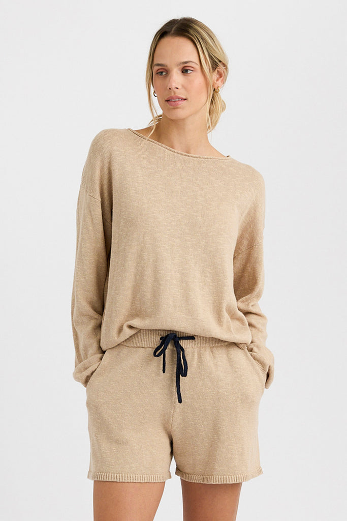 Sunrise Pullover in Milk Tea Combo, sun intarsia on the back