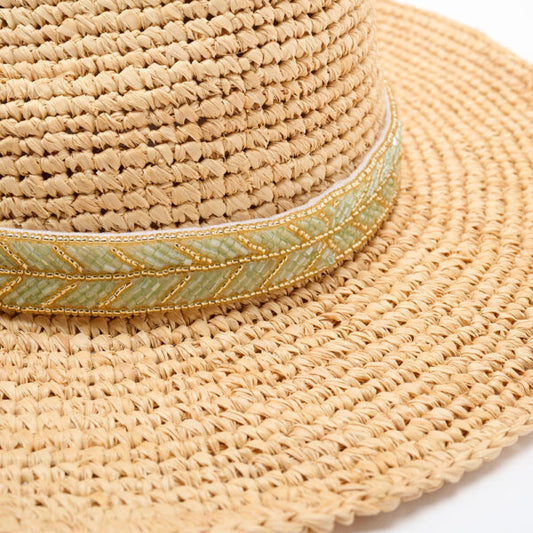 Amber crochet raffia fedora in natural with beaded trim — Nikki Beach sun hat
