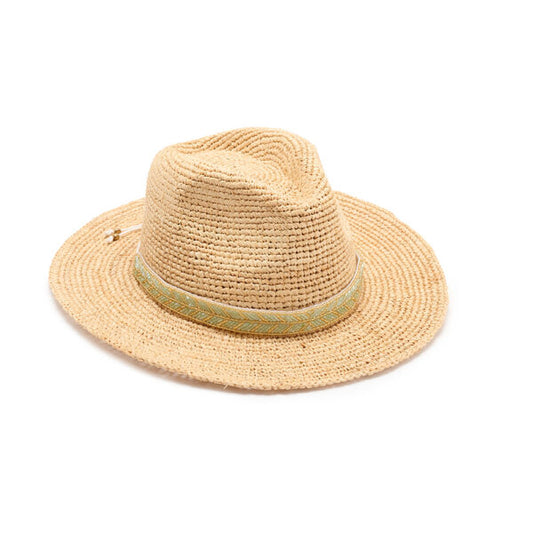 Amber crochet raffia fedora in natural, side view — Nikki Beach