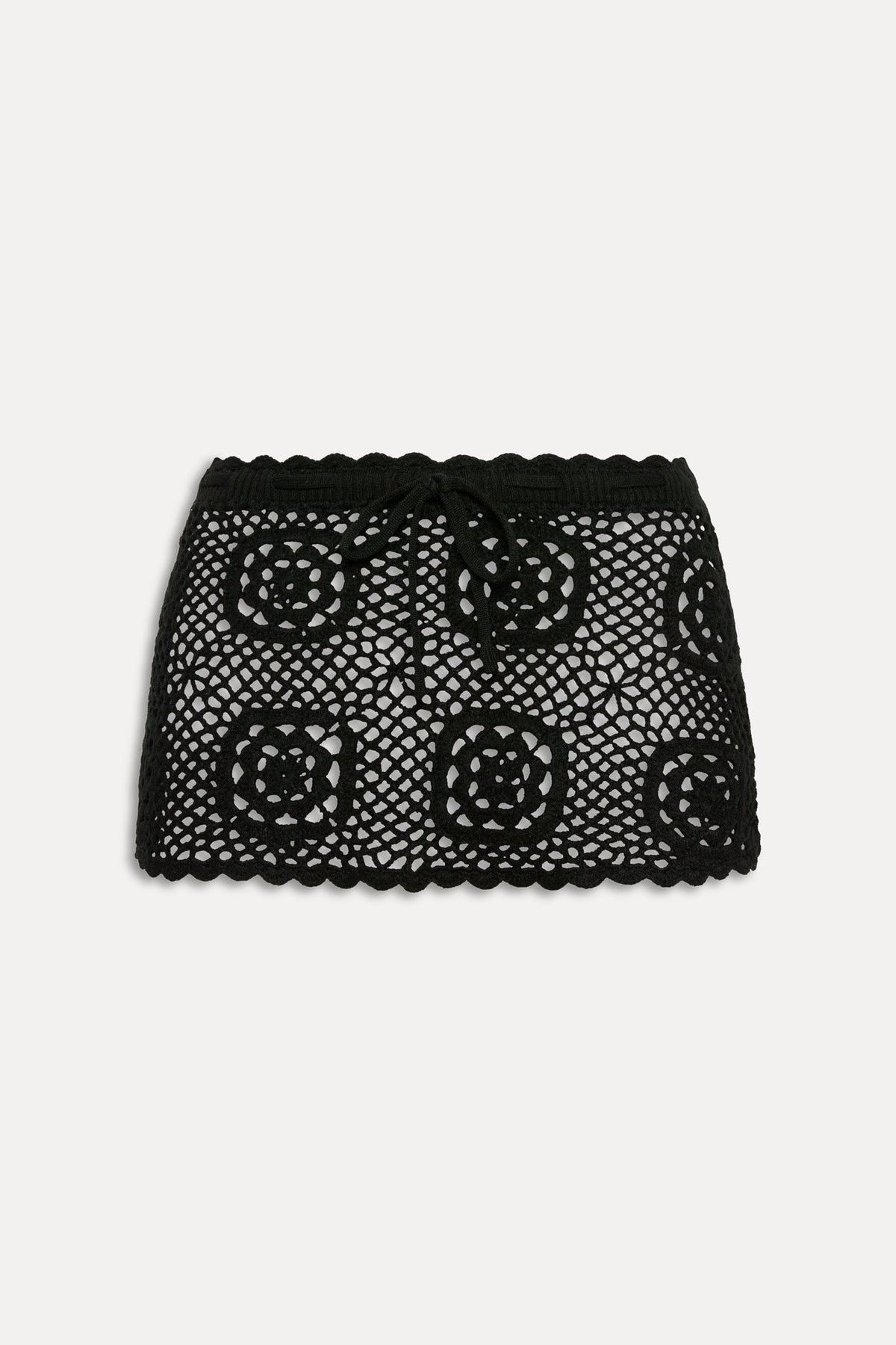 Arlo crochet mini skirt in black, flat lay product shot