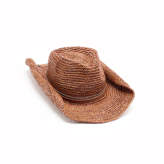 Ashley crochet raffia cowboy hat in brown with beaded trim — Nikki Beach sun hat