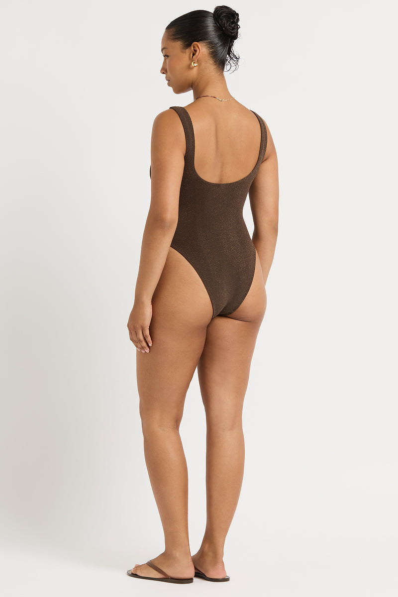Bond-Eye Ring Maddox One Piece Walnut — side view | Belle Mar Swim