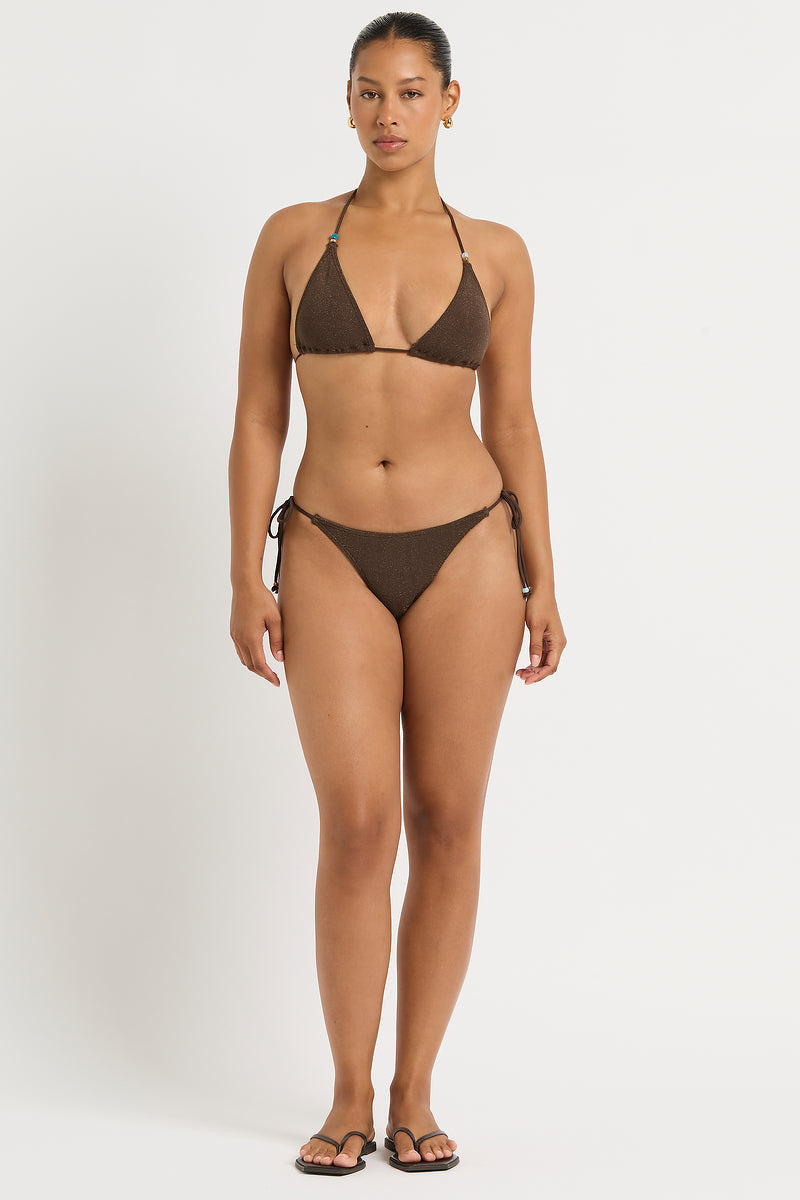 Bond-Eye Beaded Ingrid Triangle Top Walnut — detail view | Belle Mar Swim
