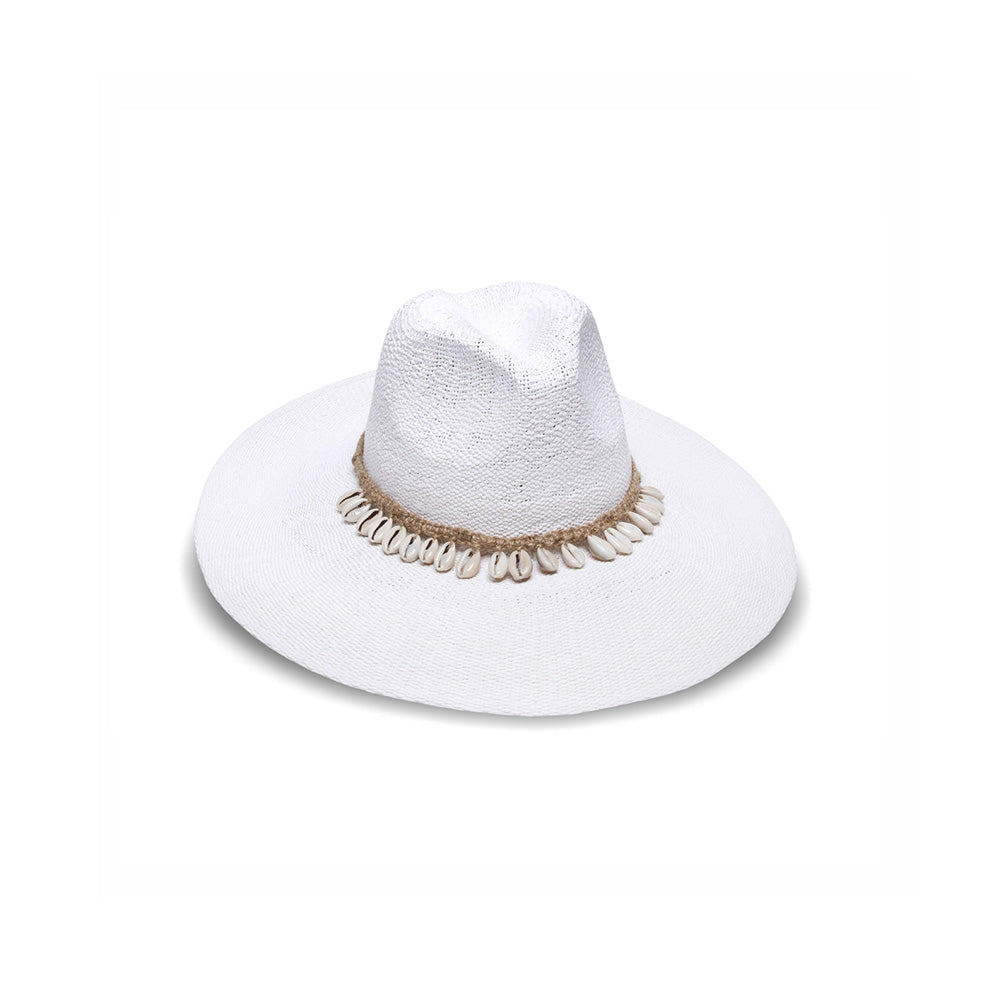 Barbados Toyo tweed rancher in white, side view — Nikki Beach