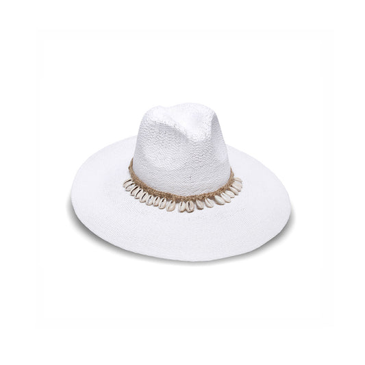Barbados Toyo tweed rancher in white, side view — Nikki Beach